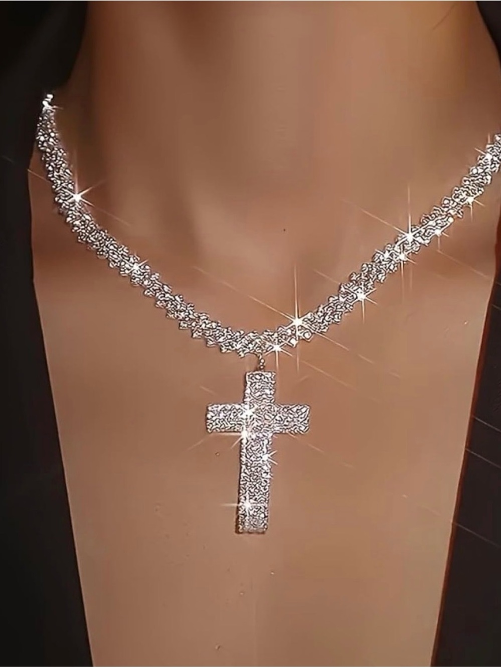 Silver rhinestone cross choker necklace with adjustable chain
